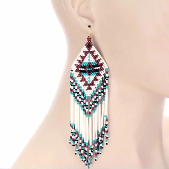 LAST PAIR: Western Aztec women’s cute seed bead long dangle fall earrings - Picture 2 of 3